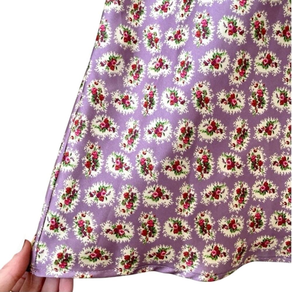 Zara Size M Floral Print Silky Satin Midi Dress Purple With Ruching Long Sleeve - Picture 10 of 12